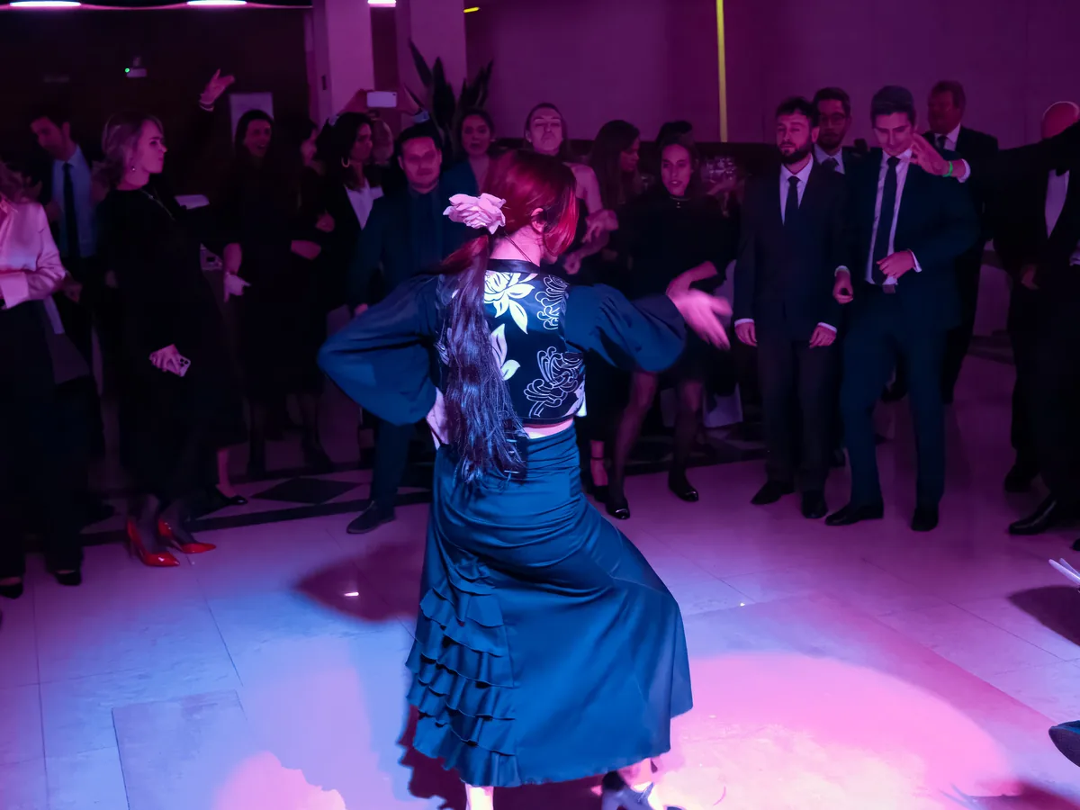 Bailaora de espaldas, con el público alrededor, bajo luz rosa